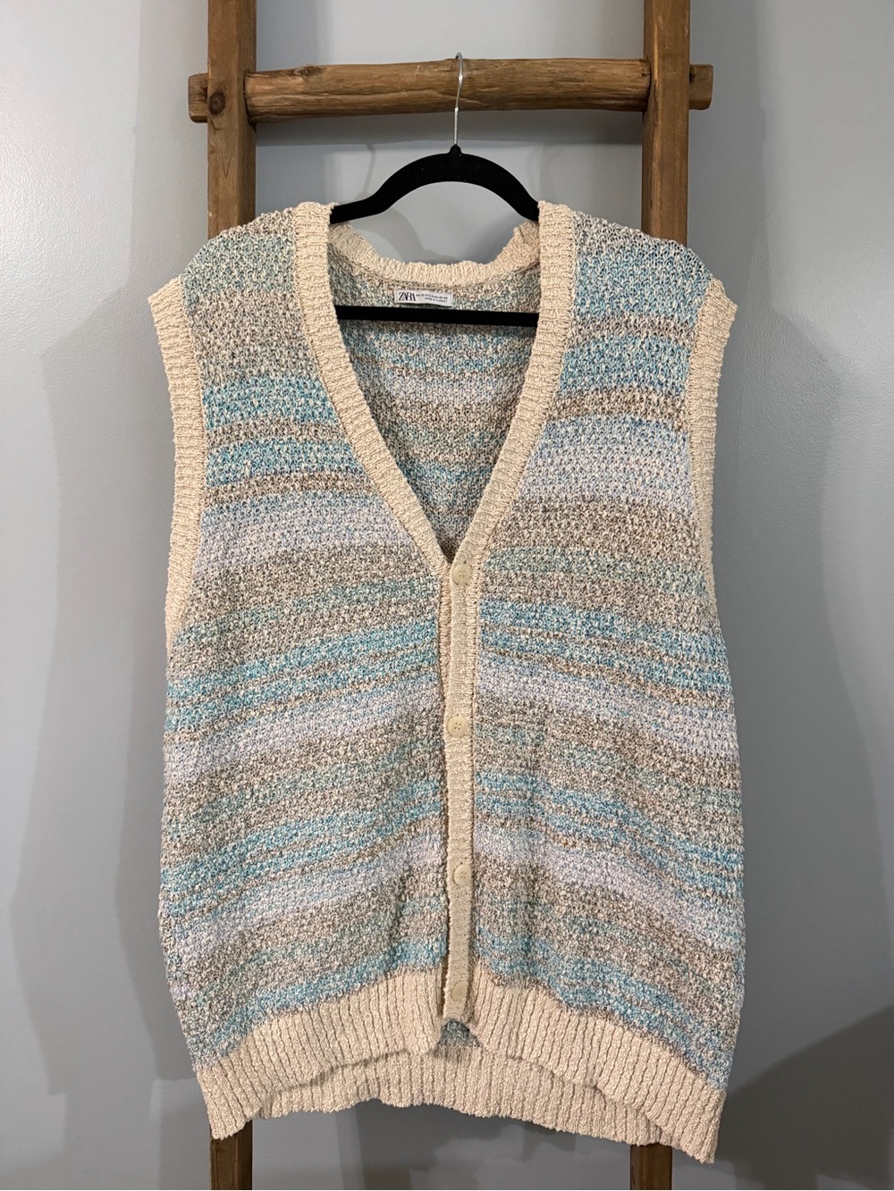 ZARA Striped Knit Button-Front Sweater Vest in Cream and Light Blue